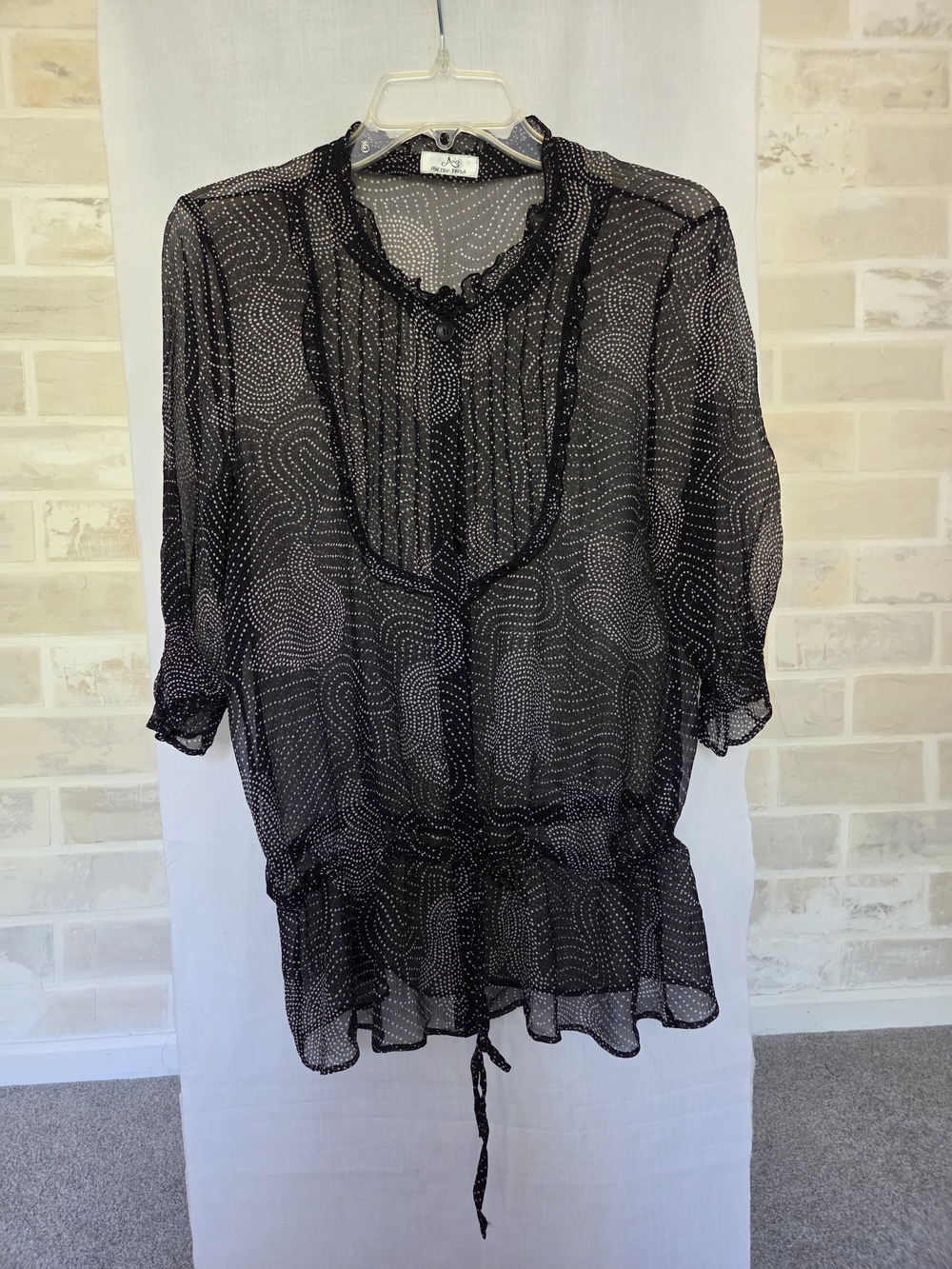Women’s Sheer Black Dot-Print Peplum Blouse with Ruffle Neck